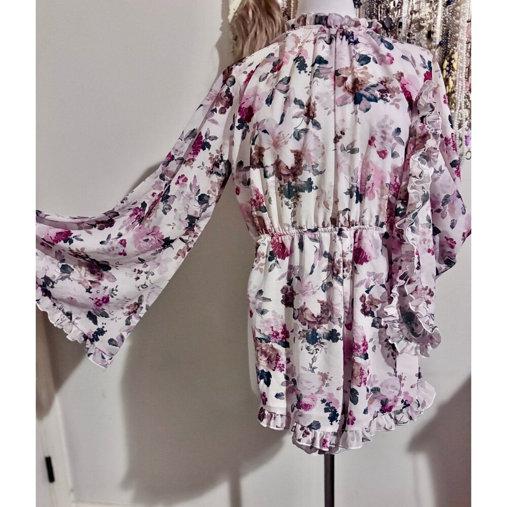 Romwe Floral Chiffon Ruffle Long Bell Sleeve Romper